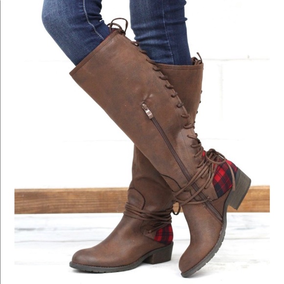 Brown/Red Plaid Corset Lace Up Knee High Boots - Picture 3 of 8